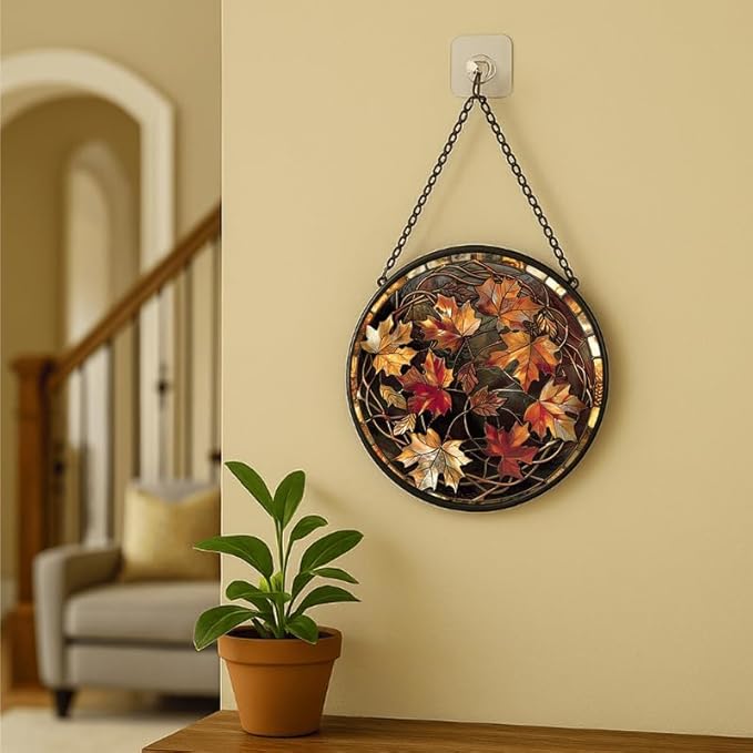 Round Autumn Maple Leaves Stained Glass Window Hanging Panel 6.3in – Elegant Fall Theme Suncatcher Wall Art for Home Window Decor and Gift