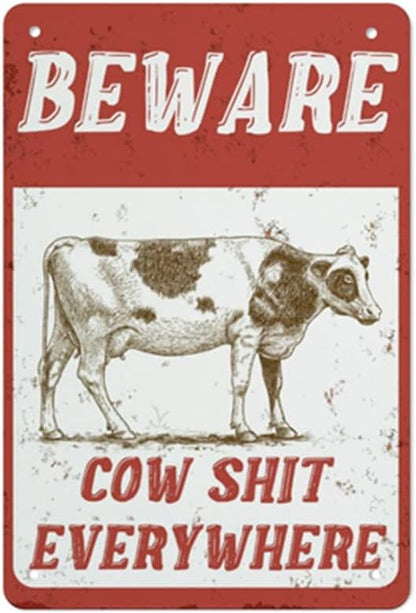QHOVPA Farm Yard Sign Lawn Sign Metal Sign, Beware Cow Shit Everywhere Sign for Home Farmhouse or Business Use 8x12 inches Signage