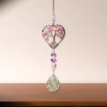 Suncatcher Window Hanging Tree of Life Heart Shaped Crystal Ball Prism Drop Ornament with Purple Rainbow Maker Pendant for Garden Home Decor Indoor Outdoor Windows 7in