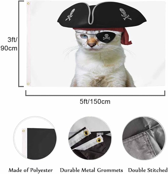 Swono Cat Pirate Flag - 3x5 ft Funny Animal Skull Blindfold Triangular Flag Kitten Captain for Outdoor & Indoor