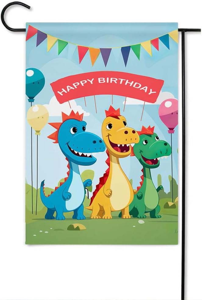 Gkyygk Dinosaur Happy Birthday Garden Flag 12 x 18 Inch Double Sided Welcome Banners Farmhouse Holiday Outside Decor Burlap Yard Flag