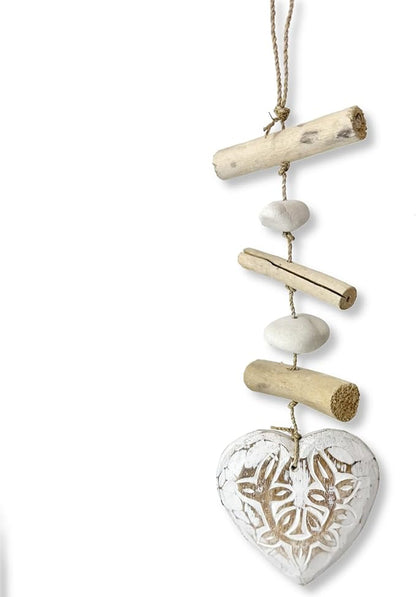 Heart Driftwood Hanging Coastal Decor - Beach Wood Stone Garland Indoor Outdoor Patio Garden Gift 15" White