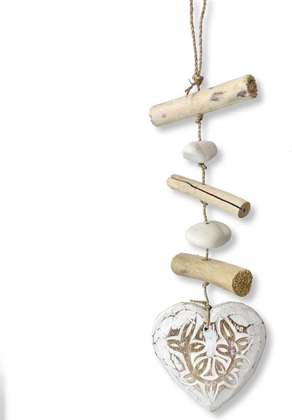 Heart Driftwood Hanging Coastal Decor - Beach Wood Stone Garland Indoor Outdoor Patio Garden Gift 15" White