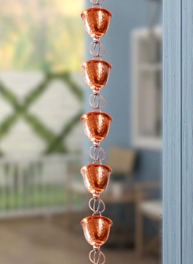 Monarch Rain Chains Pure Copper Hammered Cup Rain Chain with Gutter Adapter, 8.5 ft Decorative Downspout Replacement & Copper Rain Chain Gutter Adapter