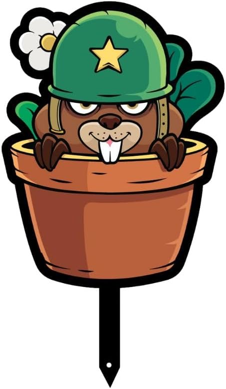 Garden Outdoor Small Metal Art 7"x 6" Weather Resistant Lawn Ornaments Sturdy Stakes Yard Sign Decoration for Patio (Beaver with Army Helmet)