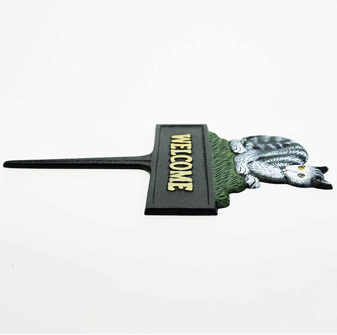 Sungmor Vintage Farmhouse Decorative Garden Stake Welcome Sign, 12" Tall Heavy Duty Sturdy Cast Iron Lovely Cat Statue, Indoor Outdoor Garden Pots Lawn Patio Courtyard Landscaping Decor Funny Stakes