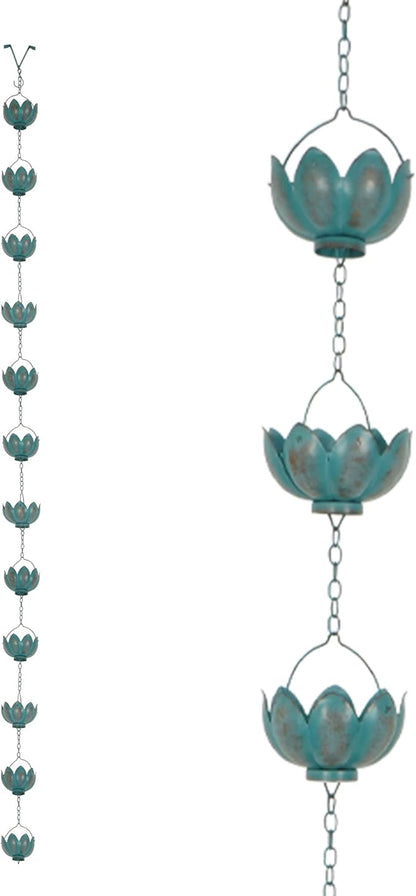 Metal Rain Chain Decoration 8.5FT., Rain Catcher Metal Chain Gutter Downspout 104'' for House Eaves, Garden & Home, Flower Cups Garden Decoration,Lake Blue
