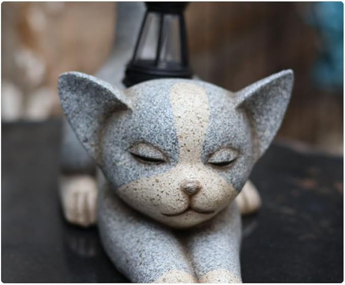 Solar Garden Statue, Cute Resin Animal Figurine with Solar Lantern Outdoor Decor for Patio Lawn Yard Pathway, Unique Housewarming Birthday Gift for Mom and Grandma (Cat)