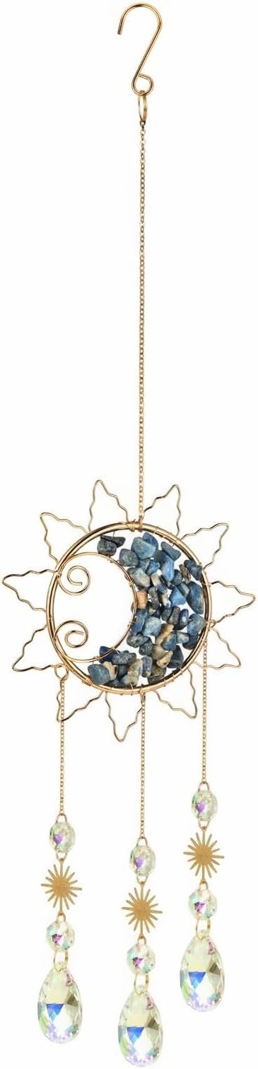 Sun & Crescent Crystal Suncatcher, Crystal Hanging Prism, Rainbow Makers, Housewarming Gift, Garden Decoration, Window Ornament (Blue)