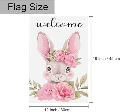 Gkyygk Garden Flag Welcome Cute Pink Rabbit Flowers Double Sided 12x18 Inch Banners Yard House Outside Outdoor Summer Decoration