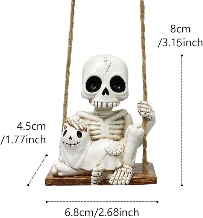 Swing Skeleton Holding Ghost Cat Garden Statue Outdoor Halloween Decor, 3.15 Inch Cute Skull Figurine Resin Sculpture Funny Tree Hanging Ornaments for Patio Lawn Yard