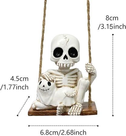 Swing Skeleton Holding Ghost Cat Garden Statue Outdoor Halloween Decor, 3.15 Inch Cute Skull Figurine Resin Sculpture Funny Tree Hanging Ornaments for Patio Lawn Yard