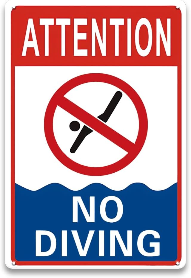 No Diving Pool Sign - 8 x 12 inch Aluminum Metal Pool Signs for Outside, Patio, Back Yard, Swimming Pool, Beach, Inside, UV Protected and Waterproof