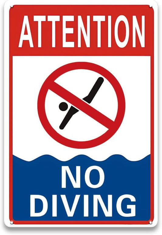 No Diving Pool Sign - 8 x 12 inch Aluminum Metal Pool Signs for Outside, Patio, Back Yard, Swimming Pool, Beach, Inside, UV Protected and Waterproof