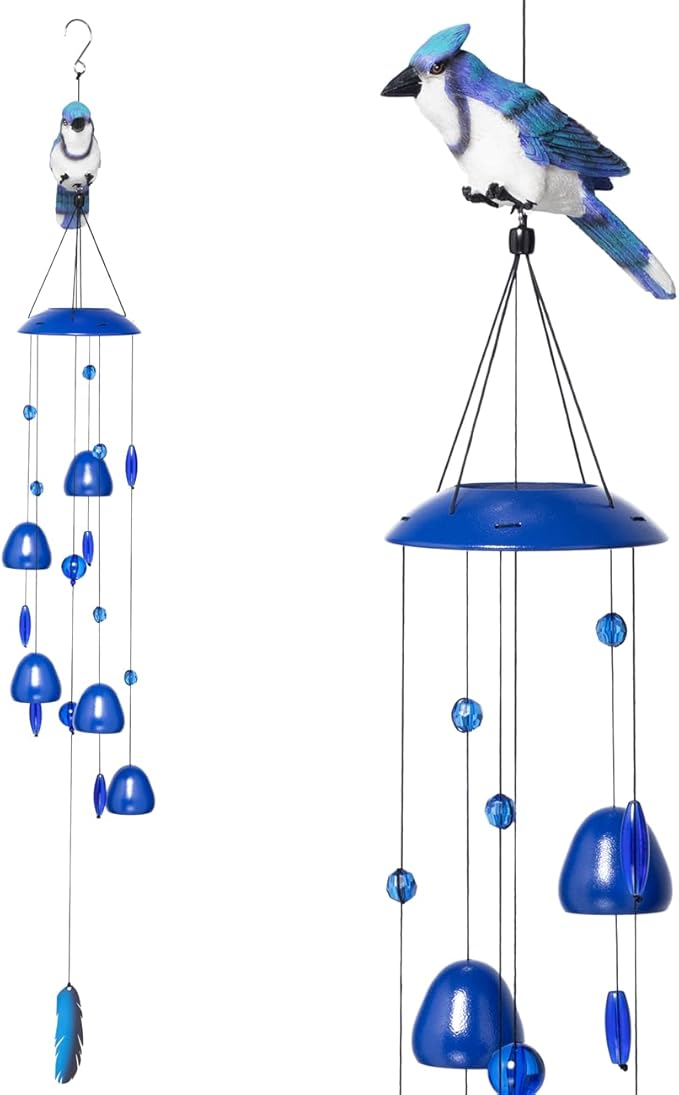Blue Jay Bird Wind Chimes with Bells, Large Unique Birds Chimes for Garden Backyard Church Hanging Decor, 40"