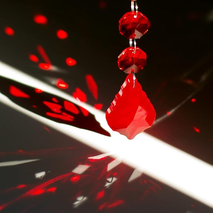 20pcs Chandelier Crystals Maple Leaf Prism Pendant Parts Connected Glass Octagon Beads Chain for Chandelier Decoration 38mm (Red)