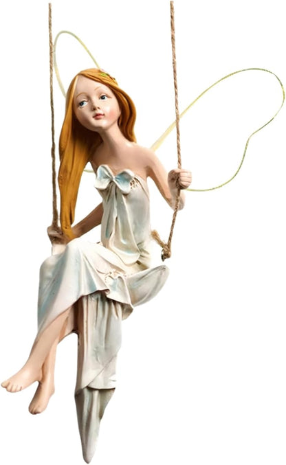 Fairy Garden Swing Fairyland Fantasy Winged Hanging Angel Statue 8In Resin Vivid Decorative Garden Statue for Home Office Yard