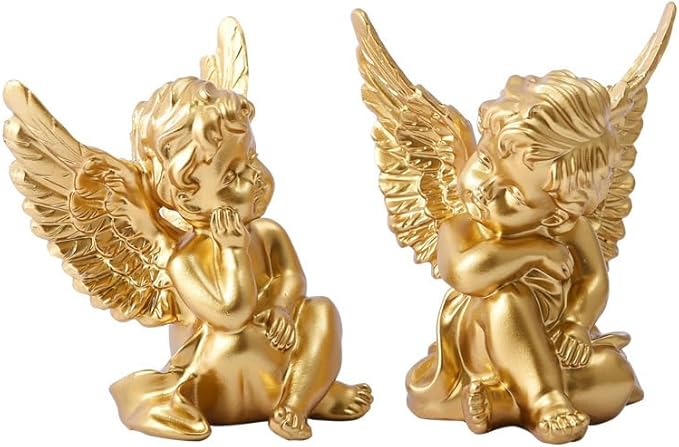 YUEOECOR 2PCS Cherubs Angels Resin Garden Statue Figurine, Adorable Angel Sculpture Memorial Statue Indoor Outdoor Home Garden Decoration (B 2PCS Gold)