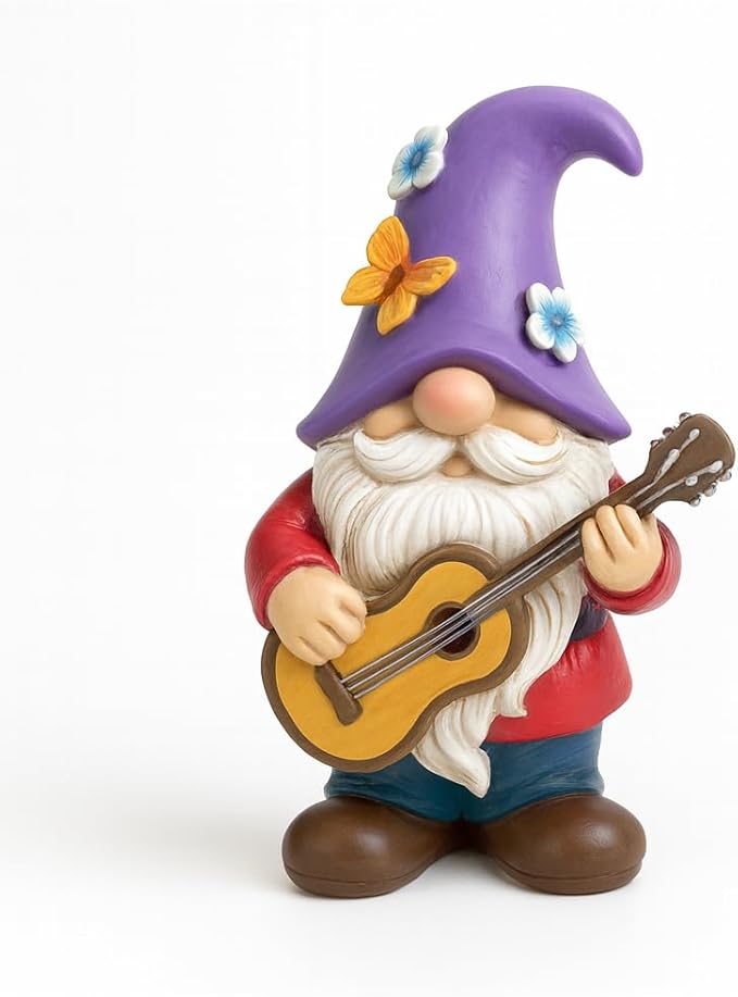 GoGnome Musical Gnome Figurine with Guitar – Handcrafted Resin Garden or Shelf Decoration, 6.2" Tall Whimsical Gnome Statue with Purple Hat, Flowers & Butterfly, Gift for Music Lovers (Purple)