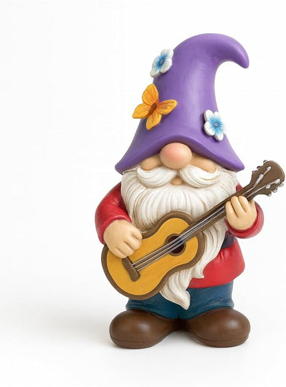 GoGnome Musical Gnome Figurine with Guitar – Handcrafted Resin Garden or Shelf Decoration, 6.2" Tall Whimsical Gnome Statue with Purple Hat, Flowers & Butterfly, Gift for Music Lovers (Purple)