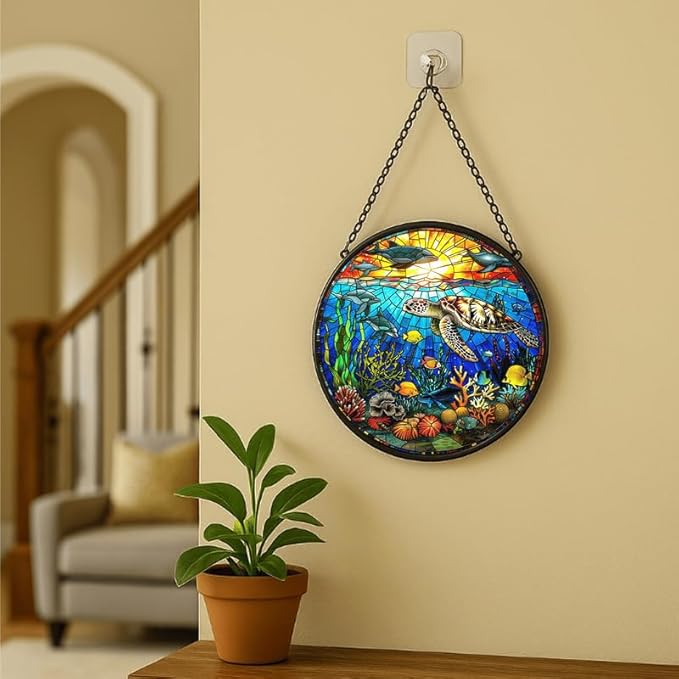 Stained Glass Window Hanging - Rainbow Colored Dragonfly in Floral Frame 7.8in Sun Catchers Indoor Stained Glass Panels Wall Decor for Mom, Wife, Lovers, Festive
