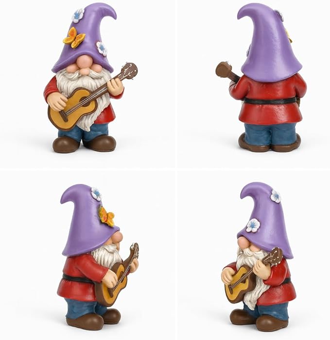 GoGnome Musical Gnome Figurine with Guitar – Handcrafted Resin Garden or Shelf Decoration, 6.2" Tall Whimsical Gnome Statue with Purple Hat, Flowers & Butterfly, Gift for Music Lovers (Purple)