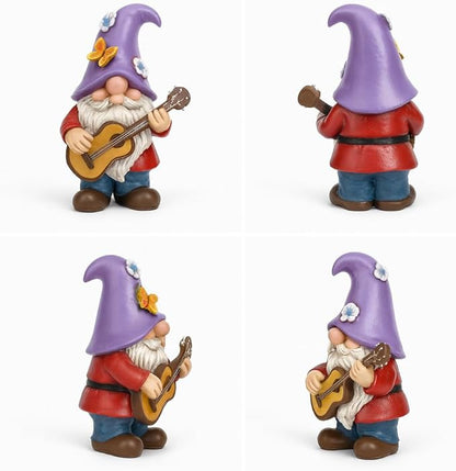 GoGnome Musical Gnome Figurine with Guitar – Handcrafted Resin Garden or Shelf Decoration, 6.2" Tall Whimsical Gnome Statue with Purple Hat, Flowers & Butterfly, Gift for Music Lovers (Purple)
