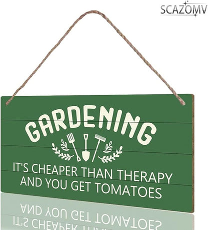 Garden Sign Decor, Gardening It'S Cheaper Than Therapy And You Get Tomatoes, Funny Outdoor Decorative For Garden Backyard Patio Farmhouse, Potting Shed Personalized Wooden Hanging Plaque 5"X 10"