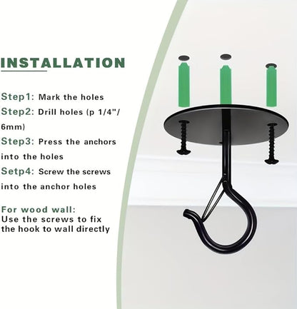 Ceiling Hooks for Hanging Plants Holder with Safety Buckle,Ceiling Decor Hook Heavy Duty,Metal Plant Hanger Indoor&Outdoor.Hooks for Hanging Plants,Wind Chime,Bird Feeders (Black, 2PCS)