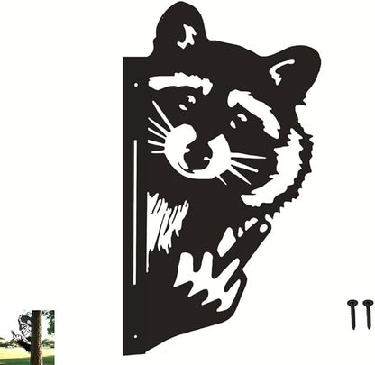 Funny Peeking Squirrel Metal Sign, Middle Finger Garden Yard Art Decor, Rustic Animal Wall Ornament for Tree, Fence, Outdoor Farmhouse, Bigfoot Gag Gift (#Raccoon, 15")