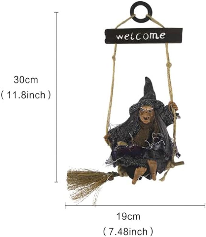 IYWISH Halloween Hanging Witch Flying Witches Broom Wizard Scary Hanging Ghost Skull Skeleton Decoration Toys Ornaments Halloween Decor Haunted House Party Props Animated Witch Garden Outdoor Figure