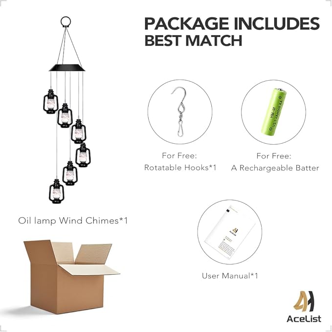 AceList Solar-Powered Color-Changing Lantern Wind Chime - LED Light Wind Mobile for Garden, Patio, Deck, Yard, Home Décor - Perfect for Mother's Day, Christmas, Housewarming, and Unique Outdoor Gifts