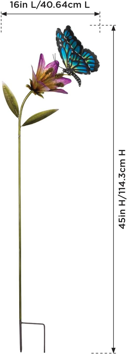 Regal Art & Gift Butterfly Flower Metal Garden Stake - Decorative Handcrafted Outdoor Metal Sculpture for Lawn, Patio & Garden Décor - Blue