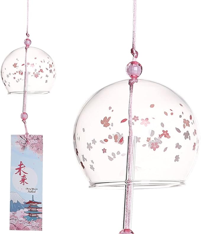 Falytemow Japanese Wind Chimes Set Romantic Flower Wind Bells Handmade Glass Japanese Style Pendant for Outdoor or Indoor Home Decors Pack of 4