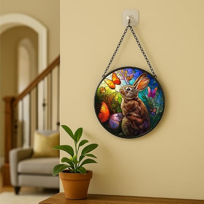 Stained Glass Window Hanging - Rabbit with Butterflies and Leaves Sun Catchers Indoor Stained Glass Panels Wall Decor for Mom Wife Lovers Festive