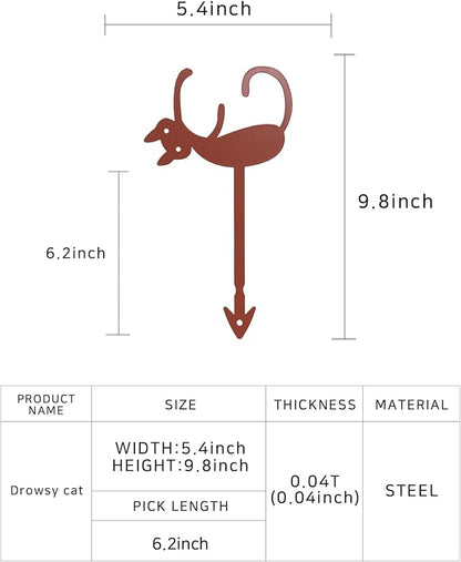 Sleepy Cat Metal Plant Stake - Garden Decoration Powder Paint Coating Gardenpot Pick-Steel-Brown