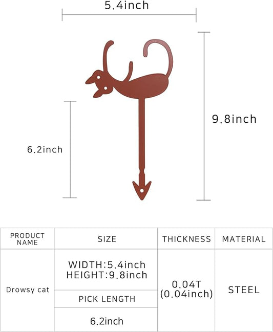 Sleepy Cat Metal Plant Stake - Garden Decoration Powder Paint Coating Gardenpot Pick-Steel-Brown