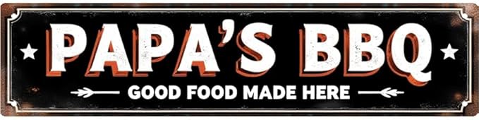 BBQ Restaurant Tin Decor 16 * 4 Inches "PAPA'S BBQ GOOD FOOD MADE HERE" Restaurant/Patio Wall Art - Retro BBQ Accent, Southern Decor, BBQ Metal Sign