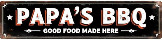BBQ Restaurant Tin Decor 16 * 4 Inches "PAPA'S BBQ GOOD FOOD MADE HERE" Restaurant/Patio Wall Art - Retro BBQ Accent, Southern Decor, BBQ Metal Sign