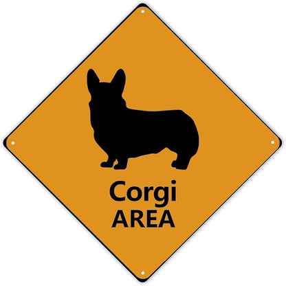 Warning Corgi Area Metal Tin Sign Corgi Dog Caution Crossing Xing Street Sign Yellow Diamond Shape Funny Metal Sign For Indoor Outdoor Highway12x12in