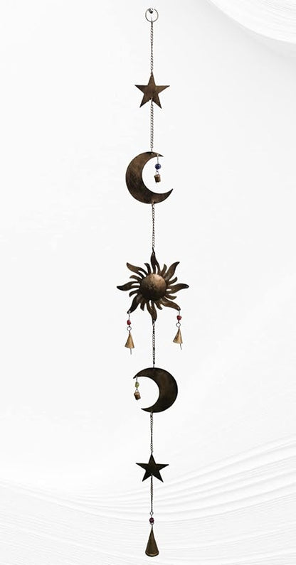 43 Inch Metal Sun Moon Star Wind Chime – Antique Bronze Celestial Wall Hanging with Bells – Handcrafted Boho Home & Garden Decor for Balcony, Patio, Porch, Entryway.
