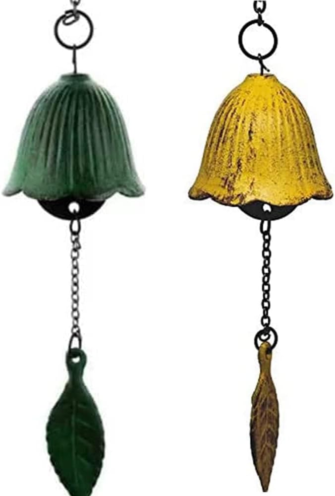 Set of 2, Japanese Lucky Small Wind Chimes Outdoor, Iwachu Cast Iron Temple Wind Bell Memorial Wind Chimes for Outside or Indoor Good Luck for Garden, Patio, Balcony(Green and Yellow Leaf)