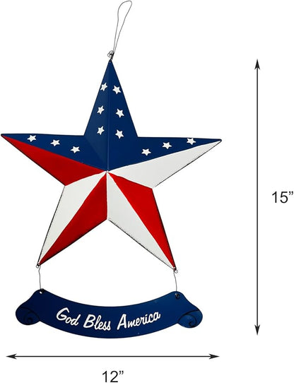Rustic Metal 3D Barn Americana Stars, Patriotic USA Flag Wall Star with God Bless America Sign, July 4th Country Decor for Indoor & Outdoor Wall Decoration