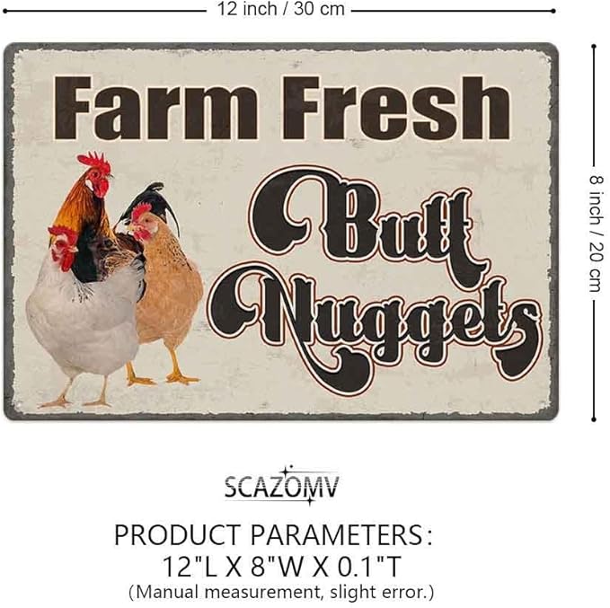 Chicken Coop Tin Sign-Farm Fresh Butt Nuggets, Vintage Metal Hanging Plaque for Egg Market Farm Barn Yard Garden Home Kitchen Bar Wall Decor Hen House Accessories Outdoor (12" x 8")