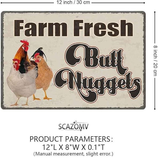 Chicken Coop Tin Sign-Farm Fresh Butt Nuggets, Vintage Metal Hanging Plaque for Egg Market Farm Barn Yard Garden Home Kitchen Bar Wall Decor Hen House Accessories Outdoor (12" x 8")