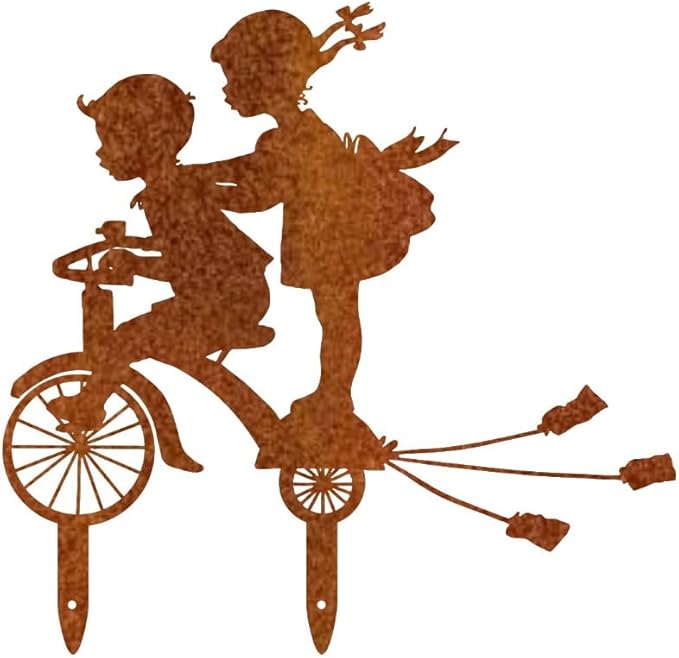 Rusty Metal Bicycle Art Silhouettes Garden Fence Decor Boy and Girl Robin Steel Country Garden Yard Art Gardening Decoration, MELI36