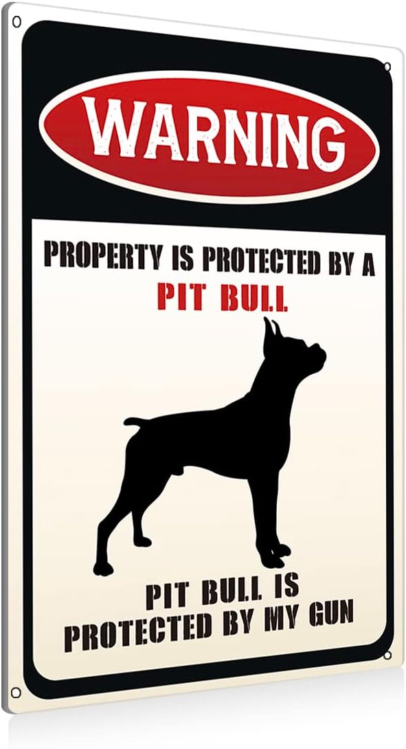 Funny Dog Warning Metal Tin Signs Wall Art Decor Property is Protected By a Pit Bull is Protected Sign for Home Decor Gifts to Indoor and Outdoor Use - 8x12 Inch