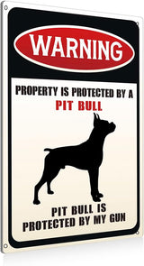 Funny Dog Warning Metal Tin Signs Wall Art Decor Property is Protected By a Pit Bull is Protected Sign for Home Decor Gifts to Indoor and Outdoor Use - 8x12 Inch