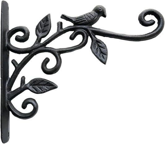 KiaoTime Cast Iron Metal 9.5" Hanging Planter Flower Pots Bracket Bird Feeder Hook Wind Chime Lanterms Hanger with Double Sided Bird for Indoor Outdoor Wall Fence Deck Trees Patio Garden Post Arm