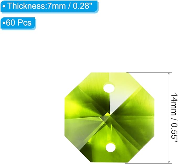 PATIKIL K9 Crystal Octagon Beads 2 Holes Pendants, 60 Pack 14mm Chandelier Prisms Parts Ornaments Hanging Beads for DIY Arts Crafts Decoration, Olive Green